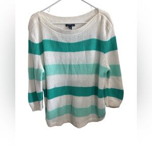 Tommy Hilfiger White and Teal Striped Sweater size: XL